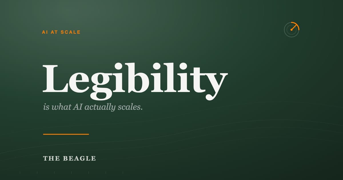 The word Legibility set large on The Beagle’s green field — AI at Scale.